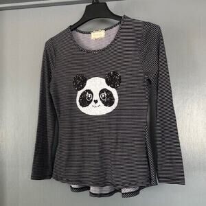 Btween Girls Black & White Striped Top Sequined Panda Bear Size Large 14 sleeves